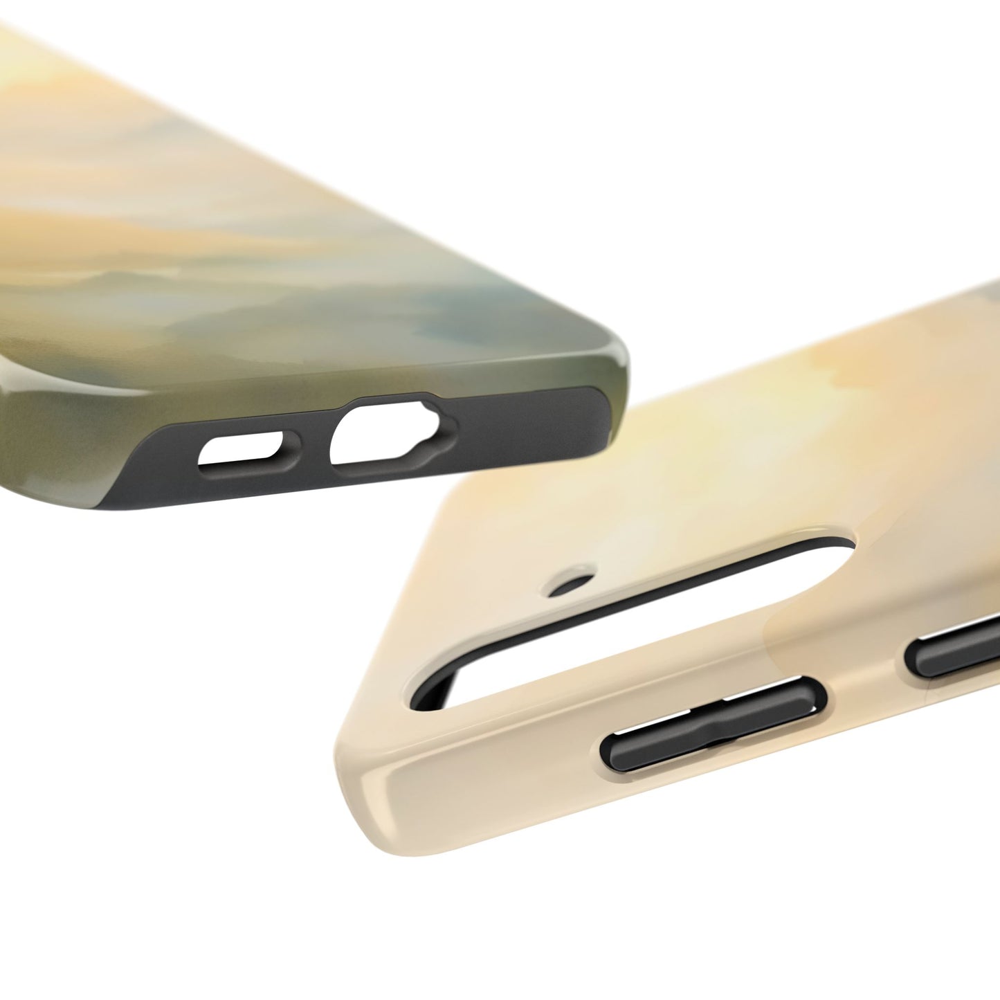 Close-up of two abstract, pastel-colored phone cases with camera and button cutouts