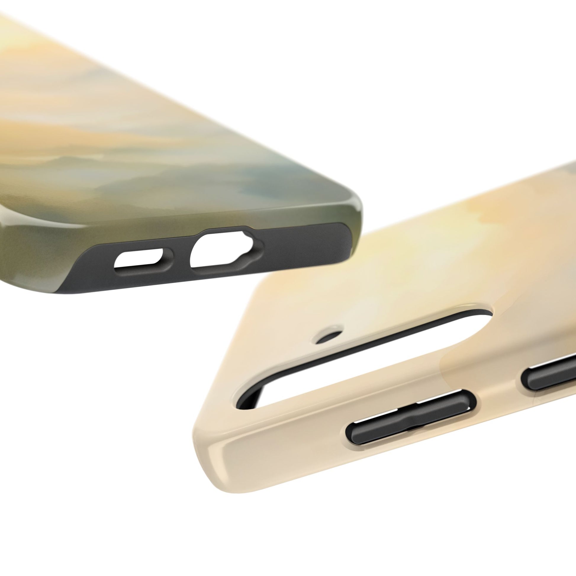 Close-up of two abstract, pastel-colored phone cases with camera and button cutouts