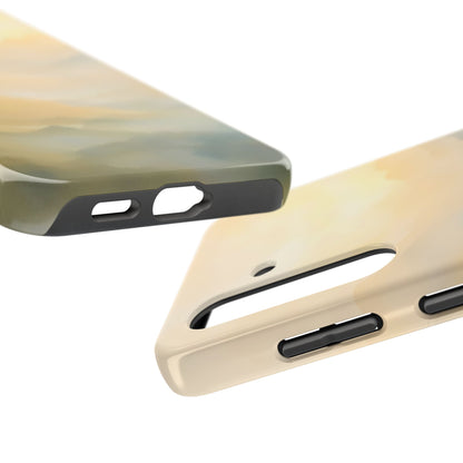 Close-up of two abstract, pastel-colored phone cases with camera and button cutouts