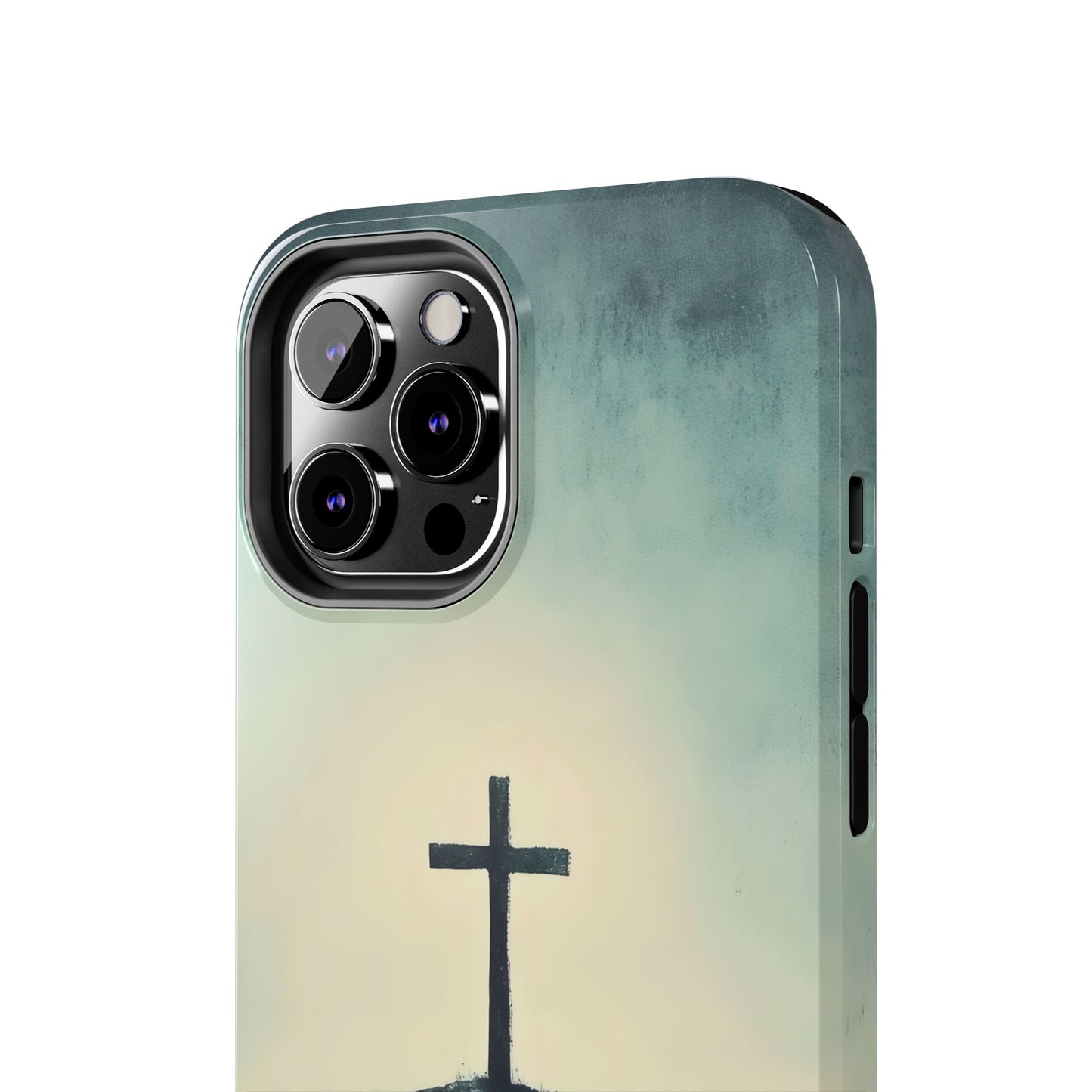 Christian phone case featuring a black cross against a soft, gradient background
