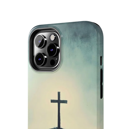 Christian phone case featuring a black cross against a soft, gradient background