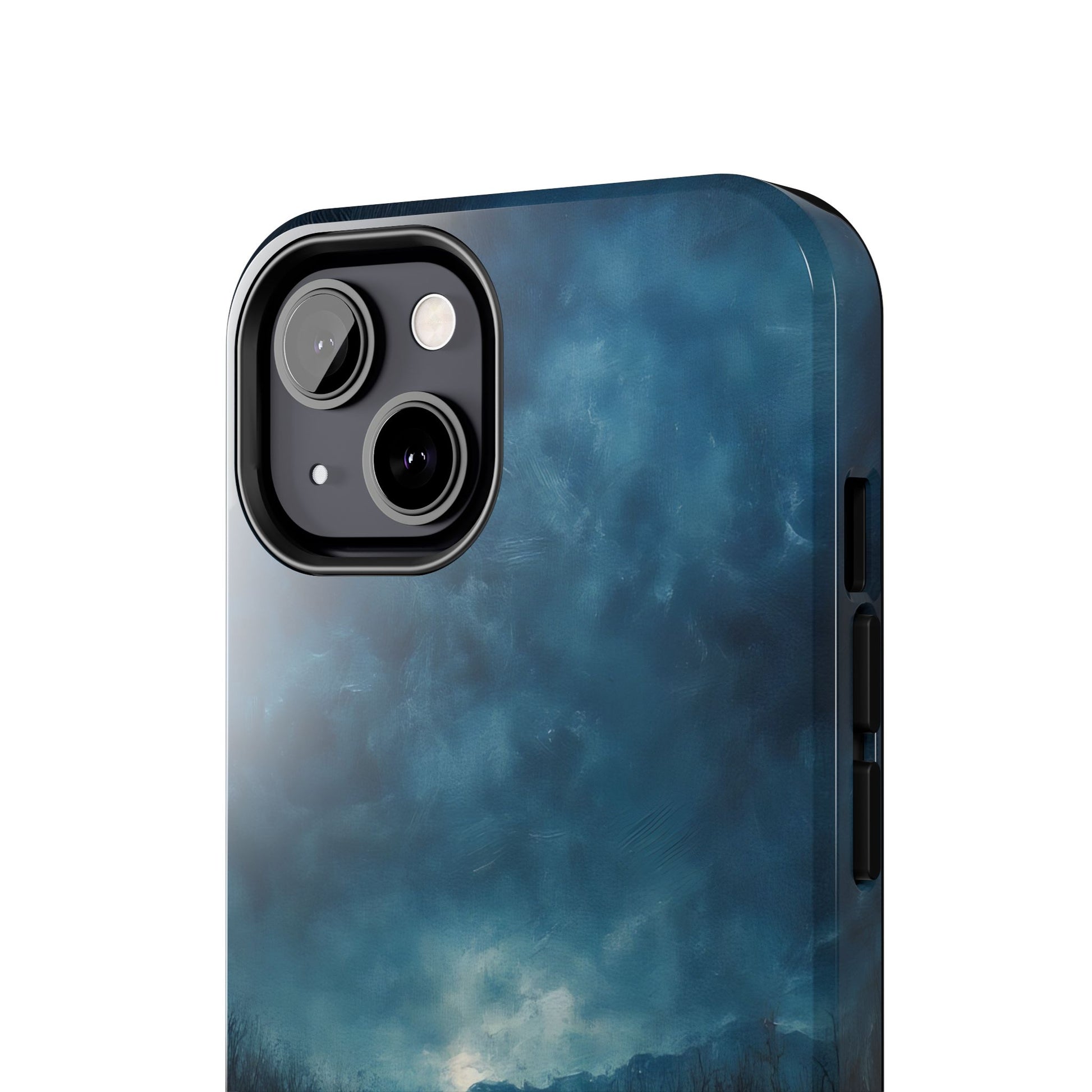 Christian phone case with moody blue sky, faith-inspired nature art design