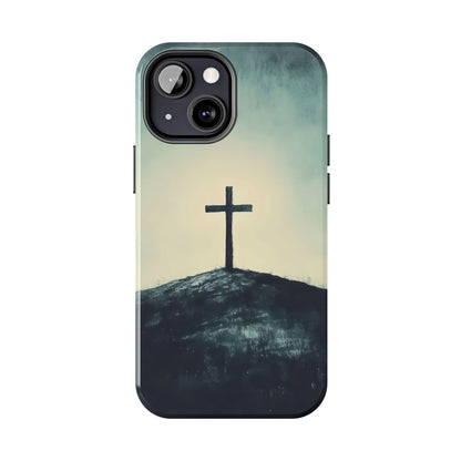 Christian cross on hill smartphone case, faith-inspired minimalist design