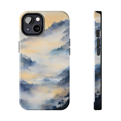 Mountain mist watercolor phone case with tranquil blue and yellow gradient landscape.