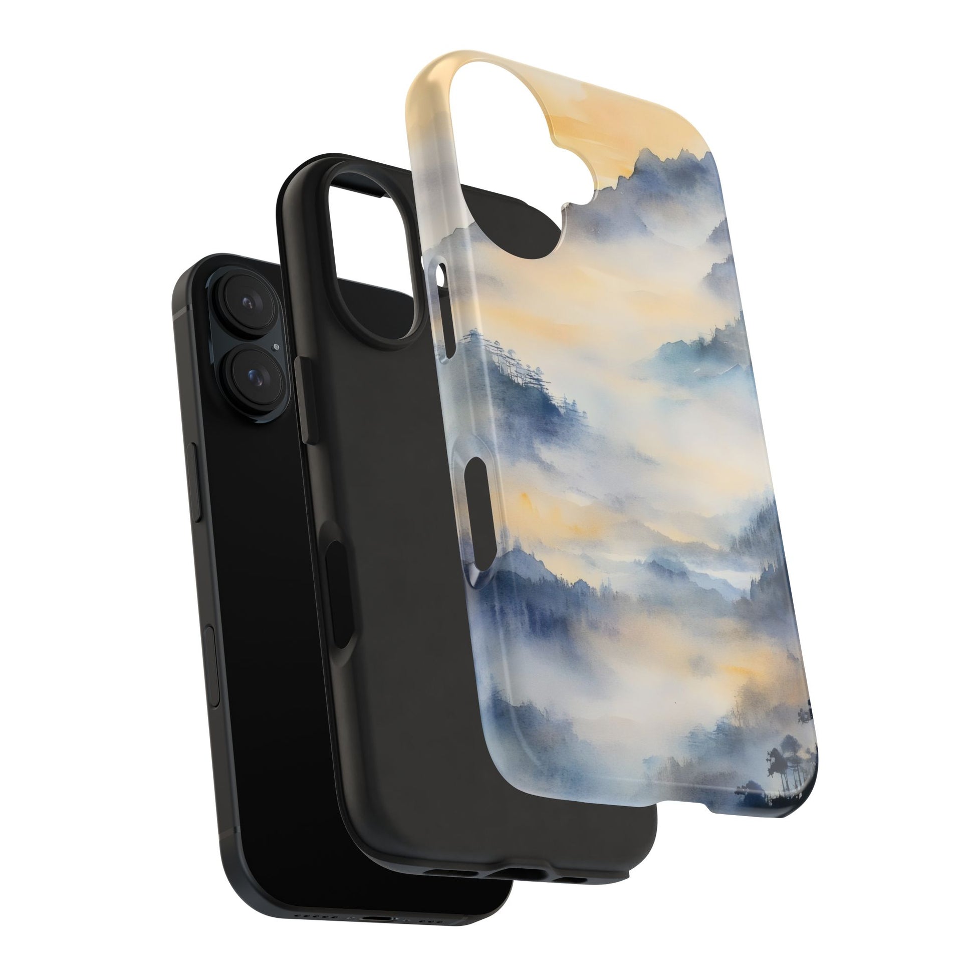Christian wall art inspired phone case with misty blue and gold mountain landscape design