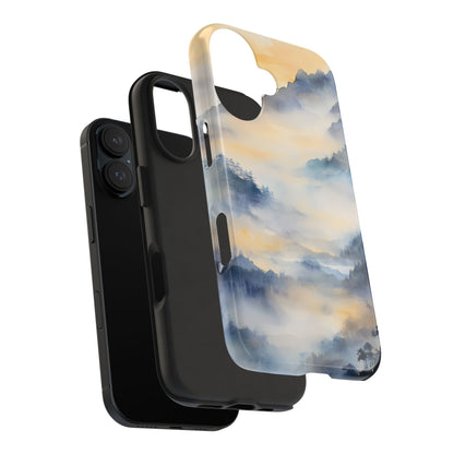 Christian wall art inspired phone case with misty blue and gold mountain landscape design