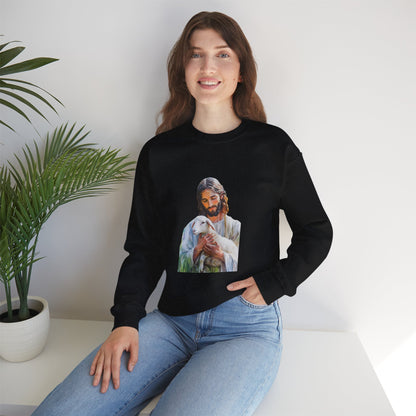 Woman wearing black Christian sweatshirt with Jesus holding a lamb, casual faith-inspired apparel
