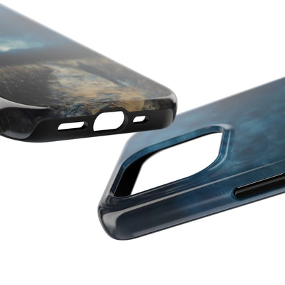 Close-up of two artistic, blue and brown abstract pattern phone cases on a white background