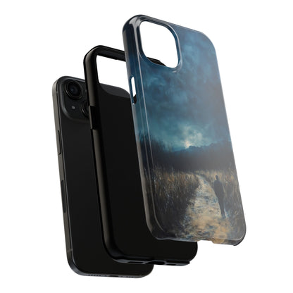 Christian themed phone case with contemplative landscape and walking figure, spiritual art