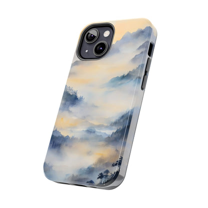 Phone case with serene watercolor mountain landscape in soft blue and yellow tones