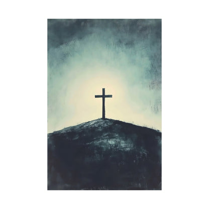 Christian wall art with a cross on a hill under a glowing sky, spiritual home decor
