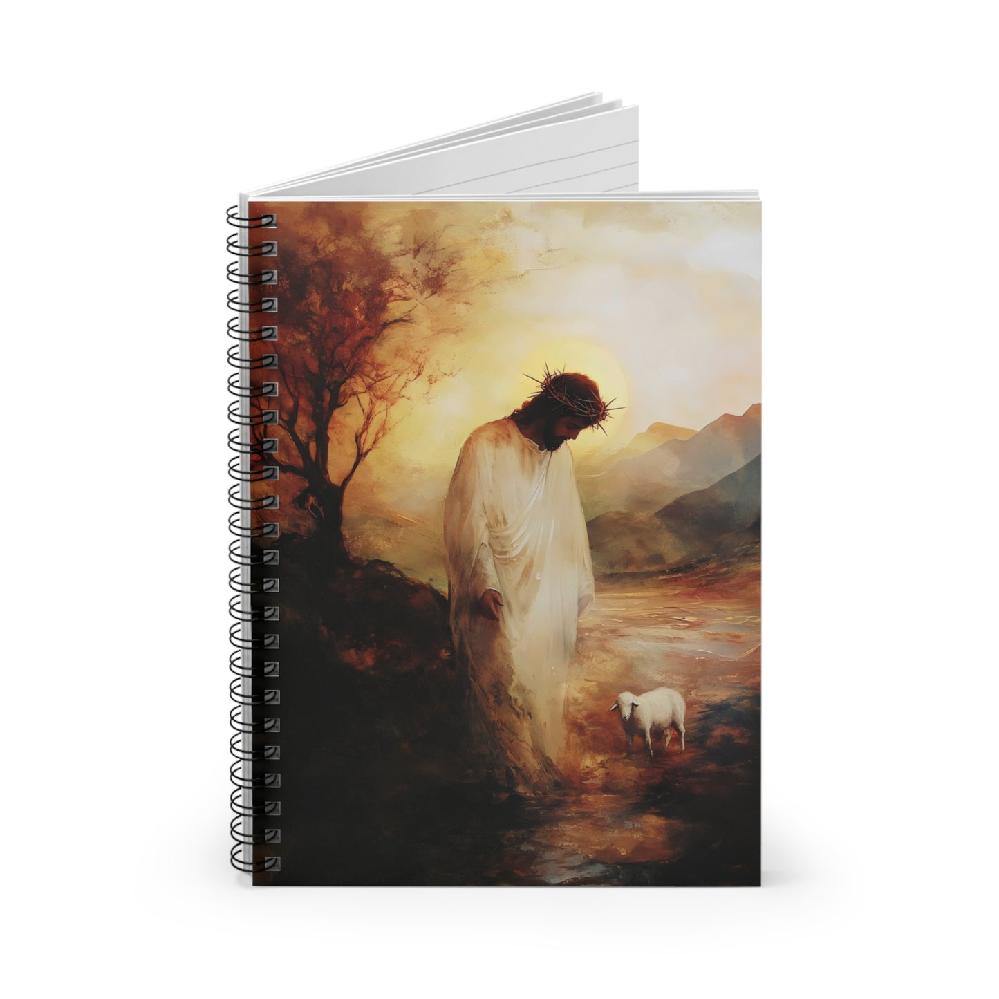 Christian spiral notebook with Jesus and lamb artwork, spiritual inspirational journal