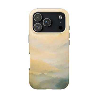 iPhone case with soft pastel misty mountain landscape, spiritual phone accessory