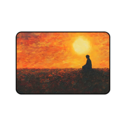 Desk mat with a meditating silhouette against a warm sunset
