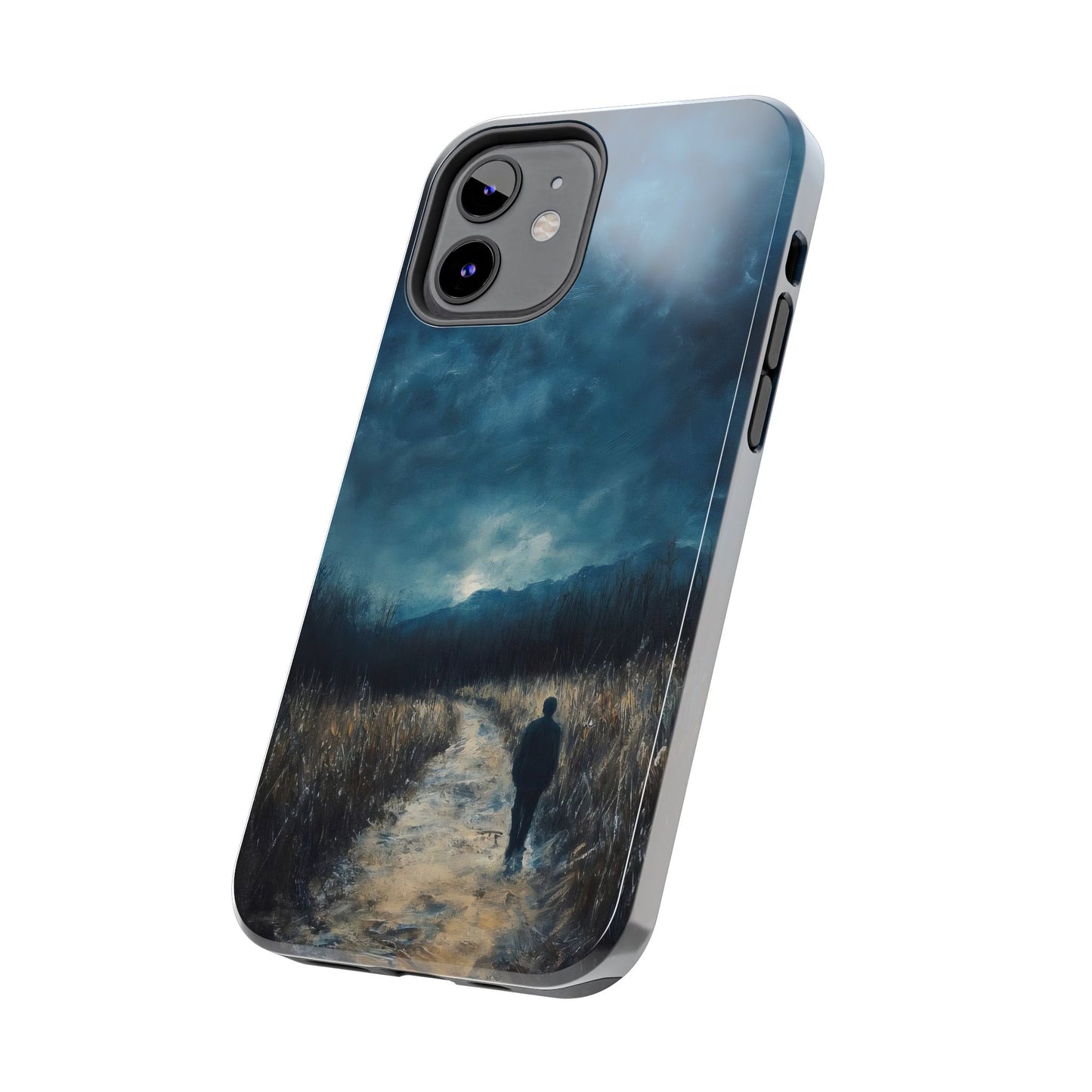 Phone case with a moody landscape, lone figure walking on a path under a dramatic sky
