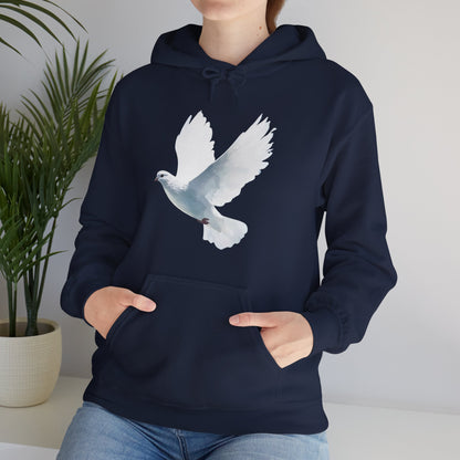 Navy blue hoodie with white dove graphic, Christian spiritual apparel, woman wearing it indoors