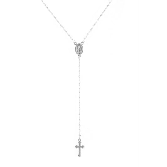 Silver-tone rosary Y necklace with cross drop