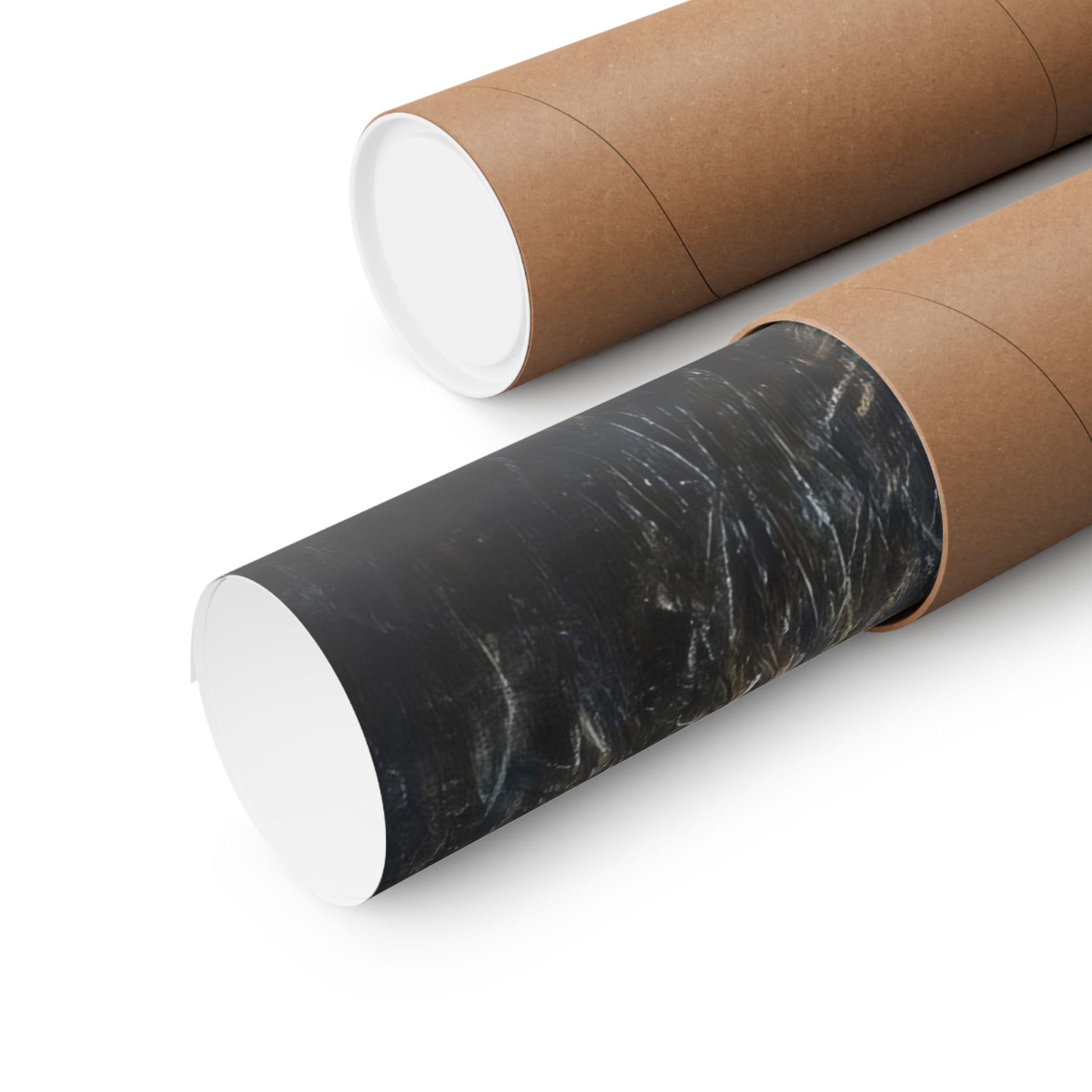 Rolled canvas wall art print in brown shipping tube on white background