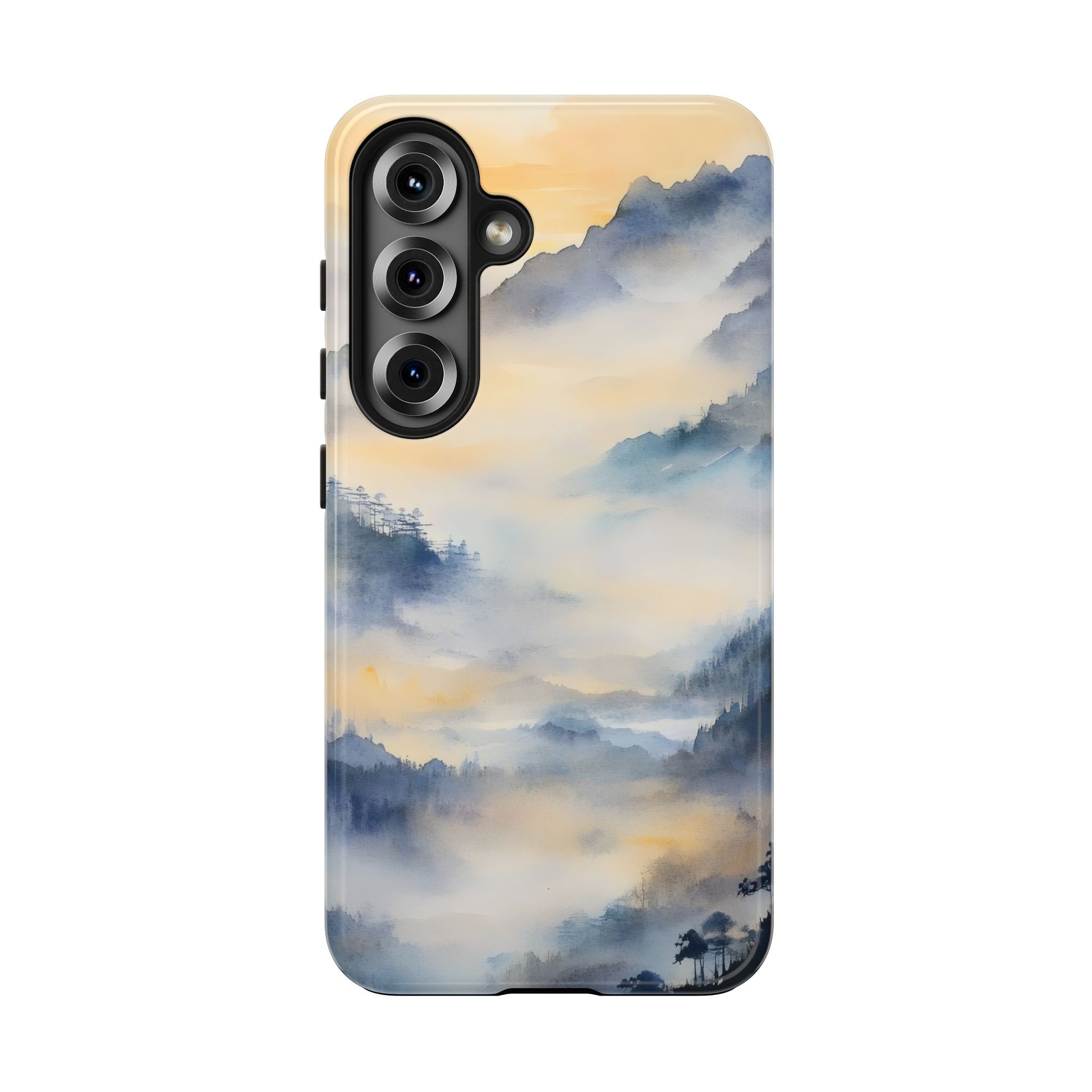 Phone case with serene misty blue and gold mountain landscape, spiritual and mindful design