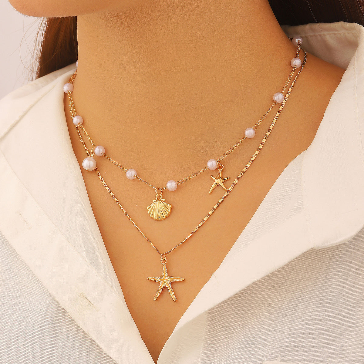 Shell & Imitation Pearl Layered Necklace – product view 4