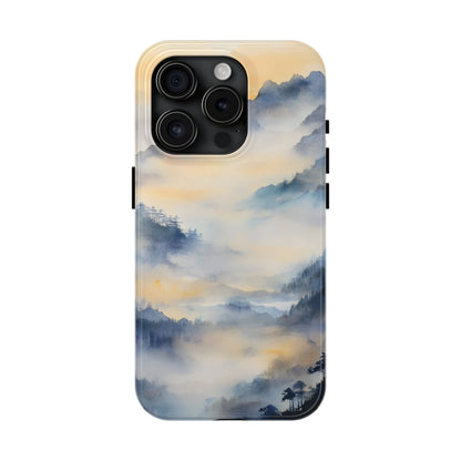 Phone case with tranquil misty mountain landscape in blue and gold watercolor style