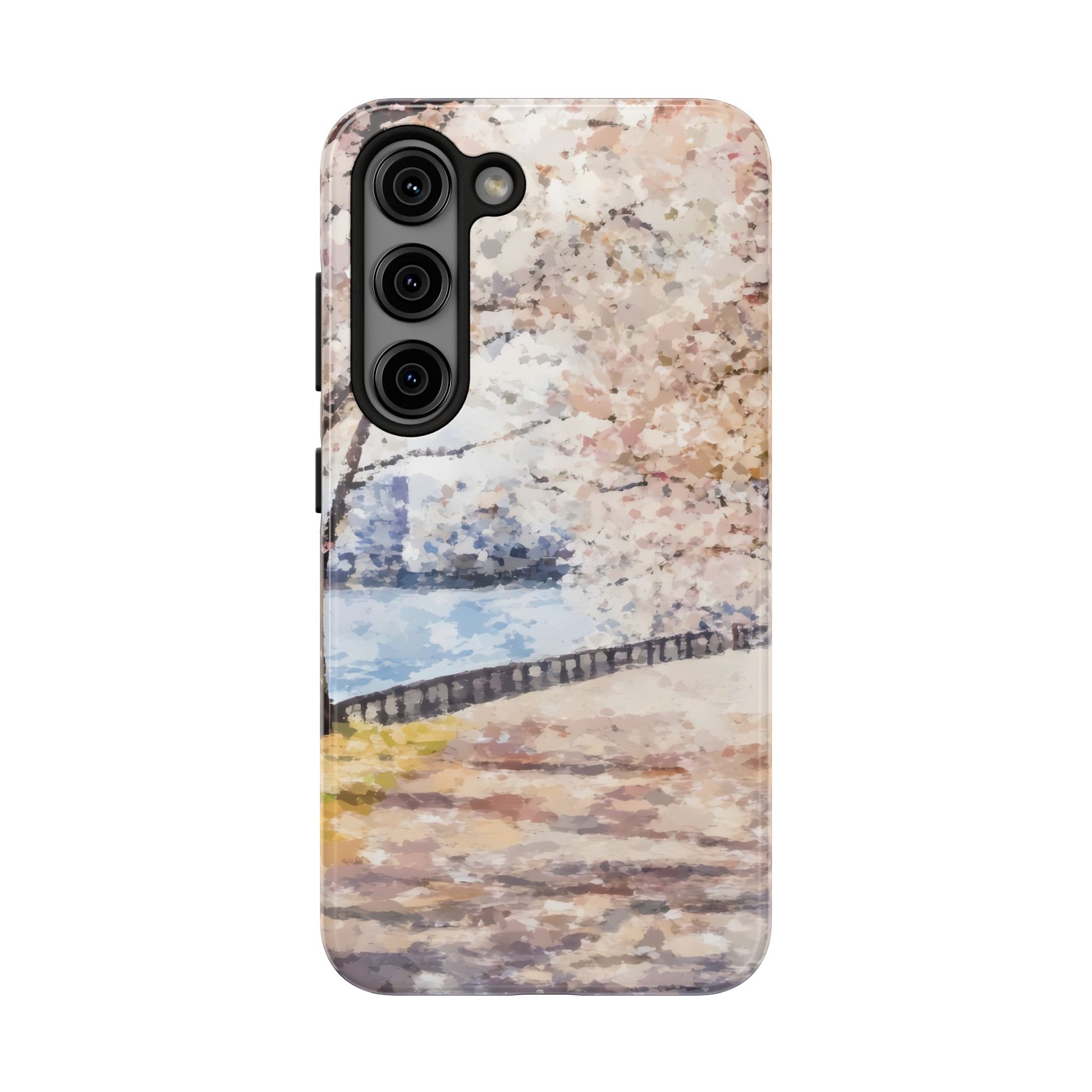 Phone case with impressionist cherry blossom tree and peaceful riverside walkway