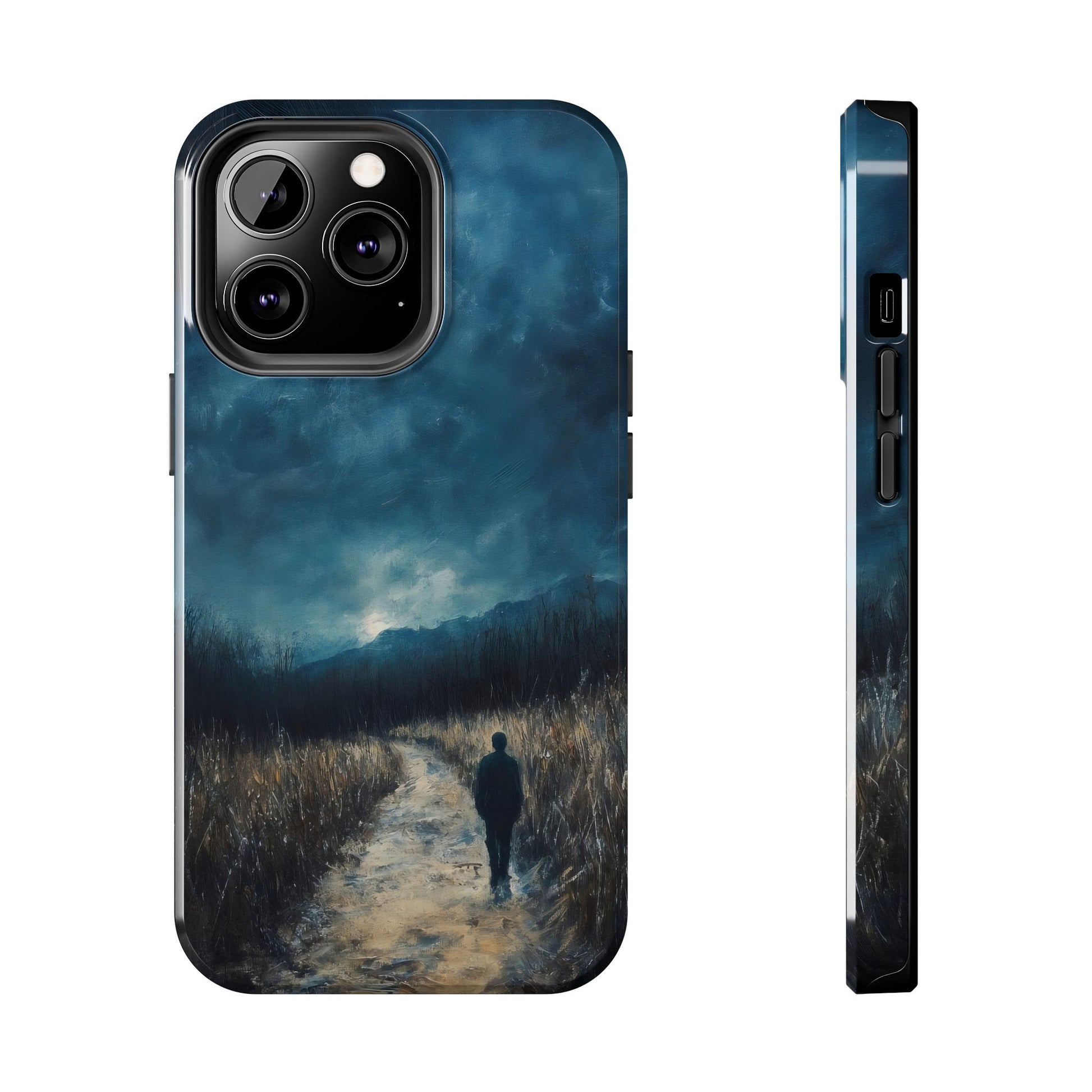 Phone case with moody landscape art, lone figure on a path under cloudy evening sky.