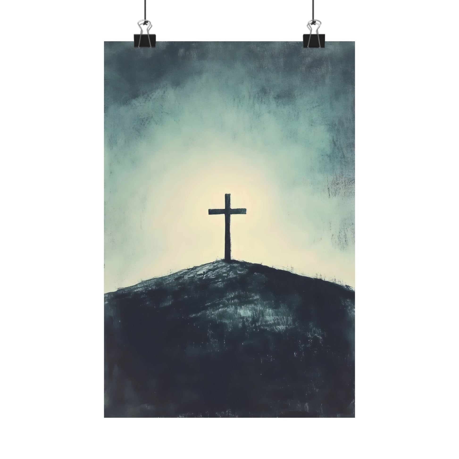 Christian wall art poster with cross on a hill at sunrise, spiritual home decor
