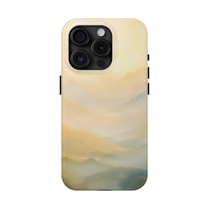 Minimalist iPhone case with soft pastel mountain landscape design