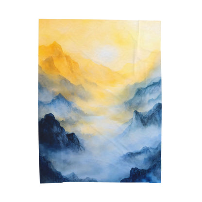 Christian wall art tapestry featuring a serene sunrise over misty blue mountains