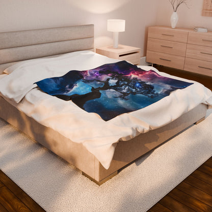 Cozy bedroom with beige bedding and a colorful cosmic tree throw blanket on the bed