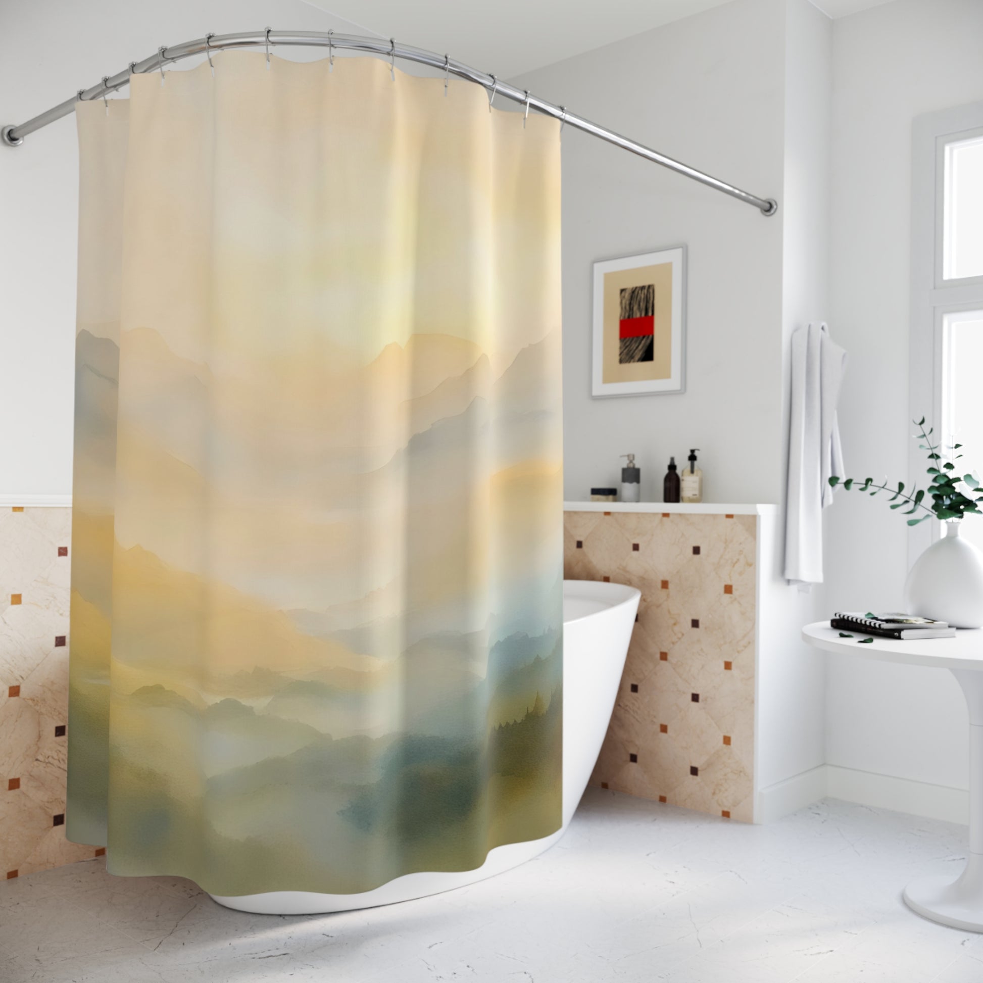 Serene bathroom with a pastel mountain landscape shower curtain and minimalist decor.