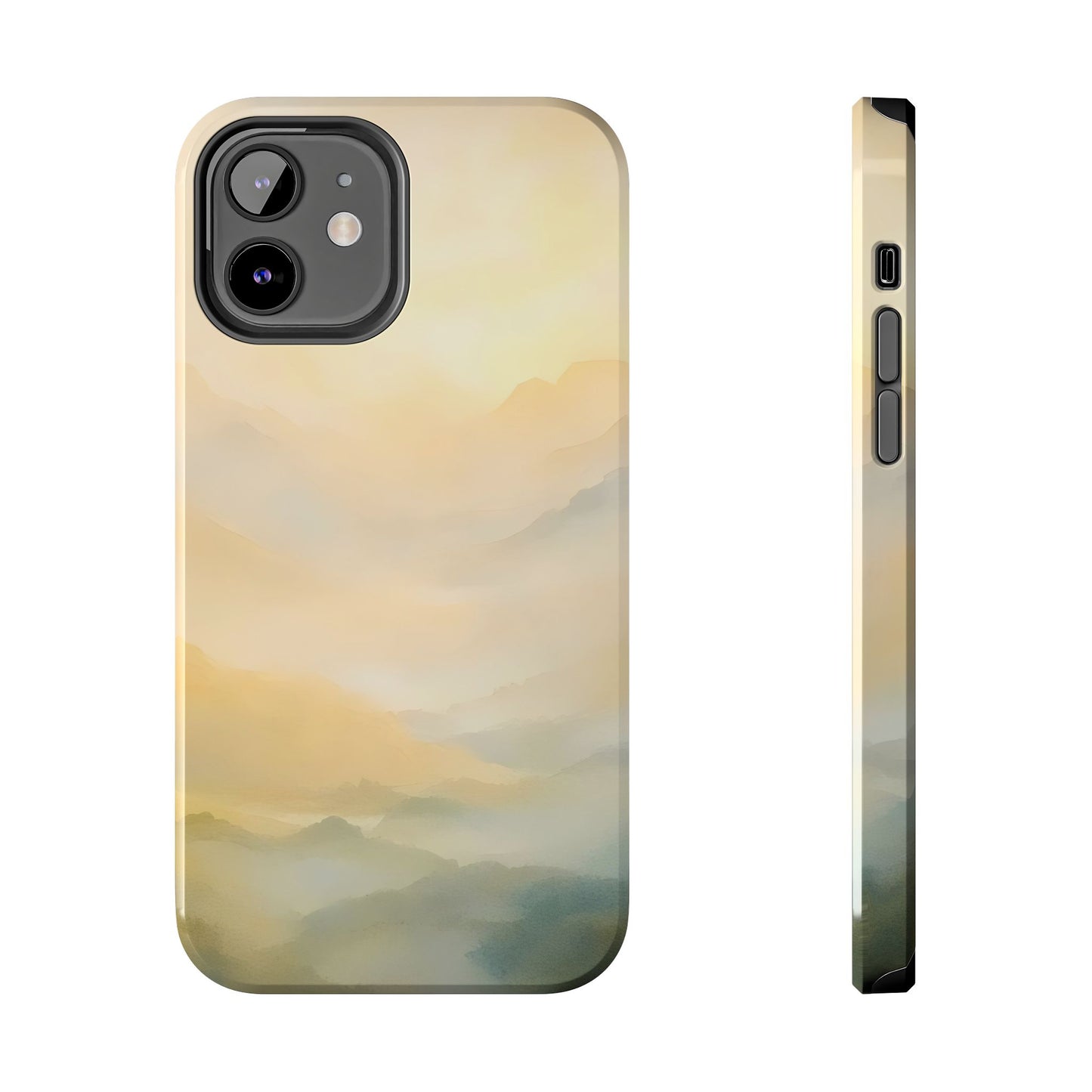 Serene iPhone case with soft abstract mountain landscape in calming pastel colors