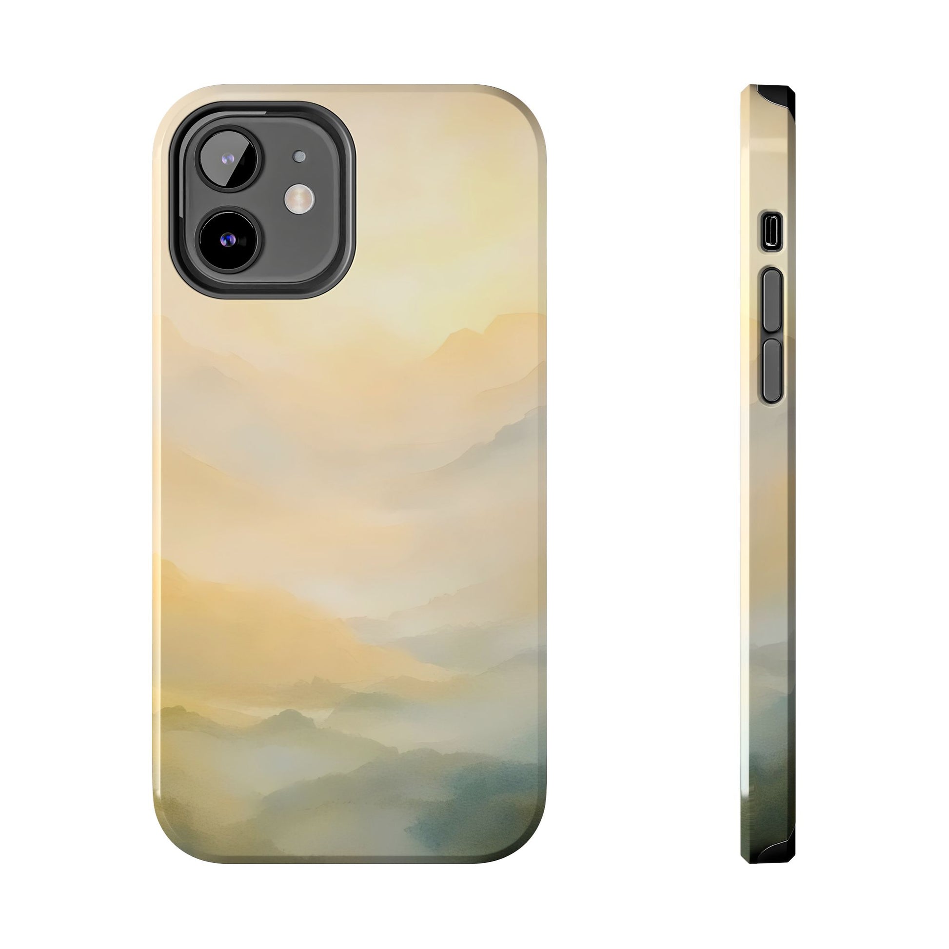 Serene iPhone case with soft abstract mountain landscape in calming pastel colors