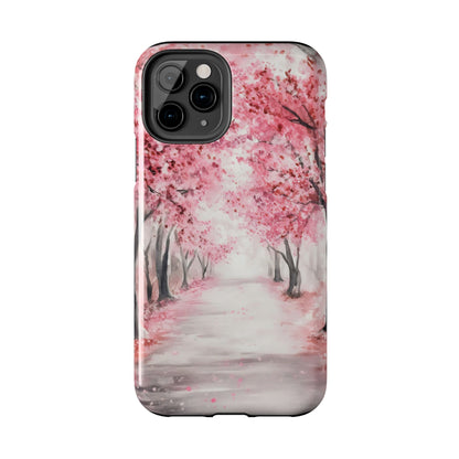 Phone case with pink cherry blossom trees and a peaceful path watercolor design
