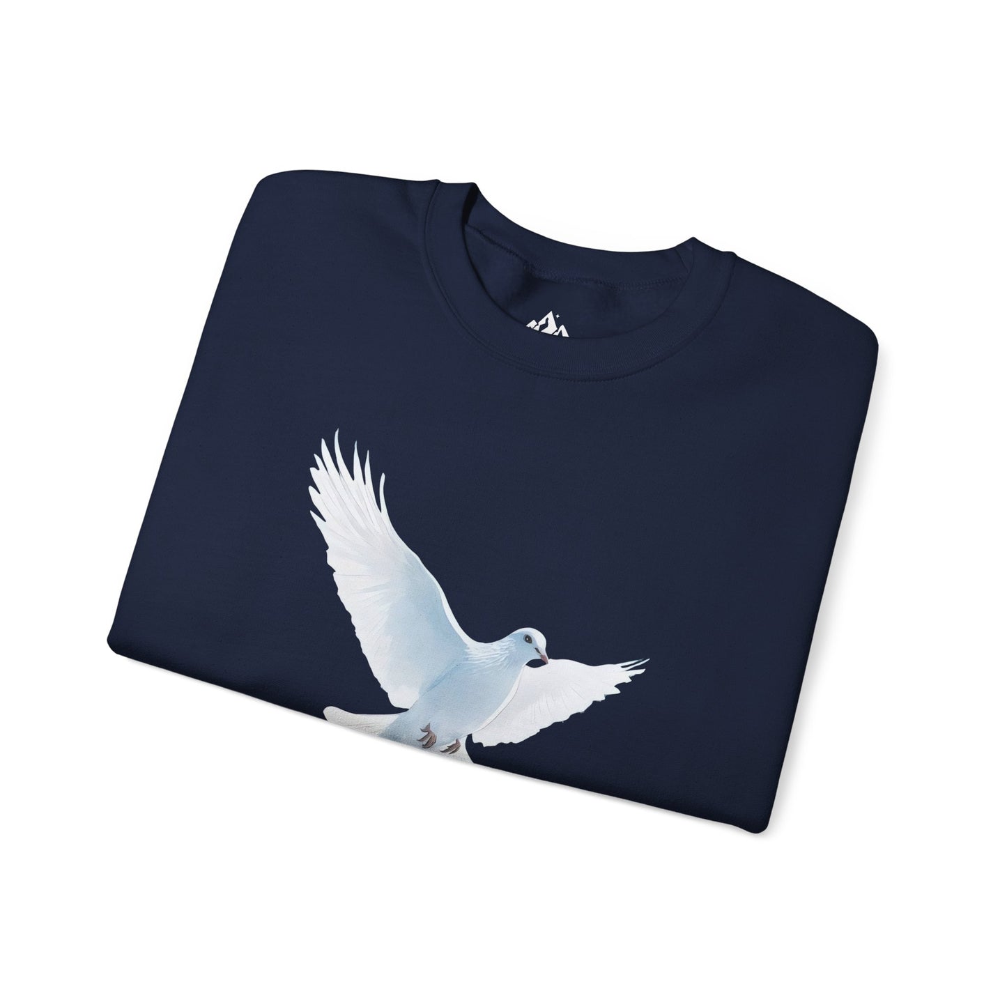 Navy blue Christian sweatshirt with a white dove graphic symbolizing peace and faith