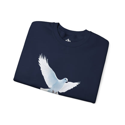 Navy blue Christian sweatshirt with a white dove graphic symbolizing peace and faith