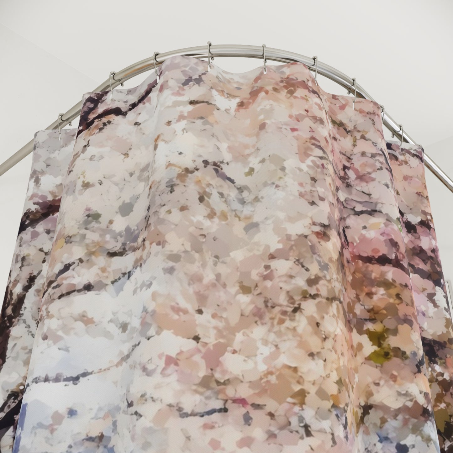 Abstract floral pastel shower curtain with soft pink and beige watercolor design on curved rod