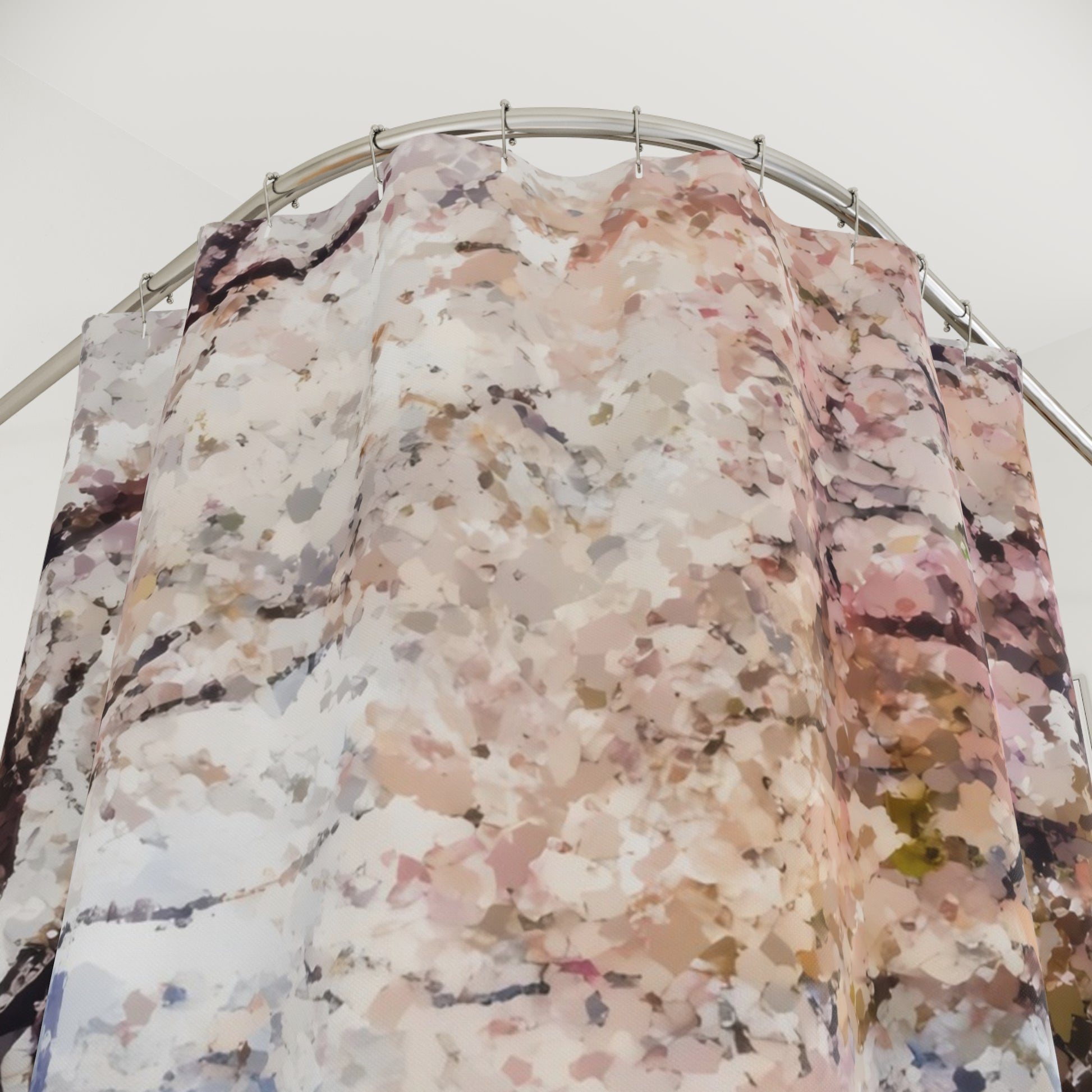 Abstract floral pastel shower curtain with soft pink and beige watercolor design on curved rod