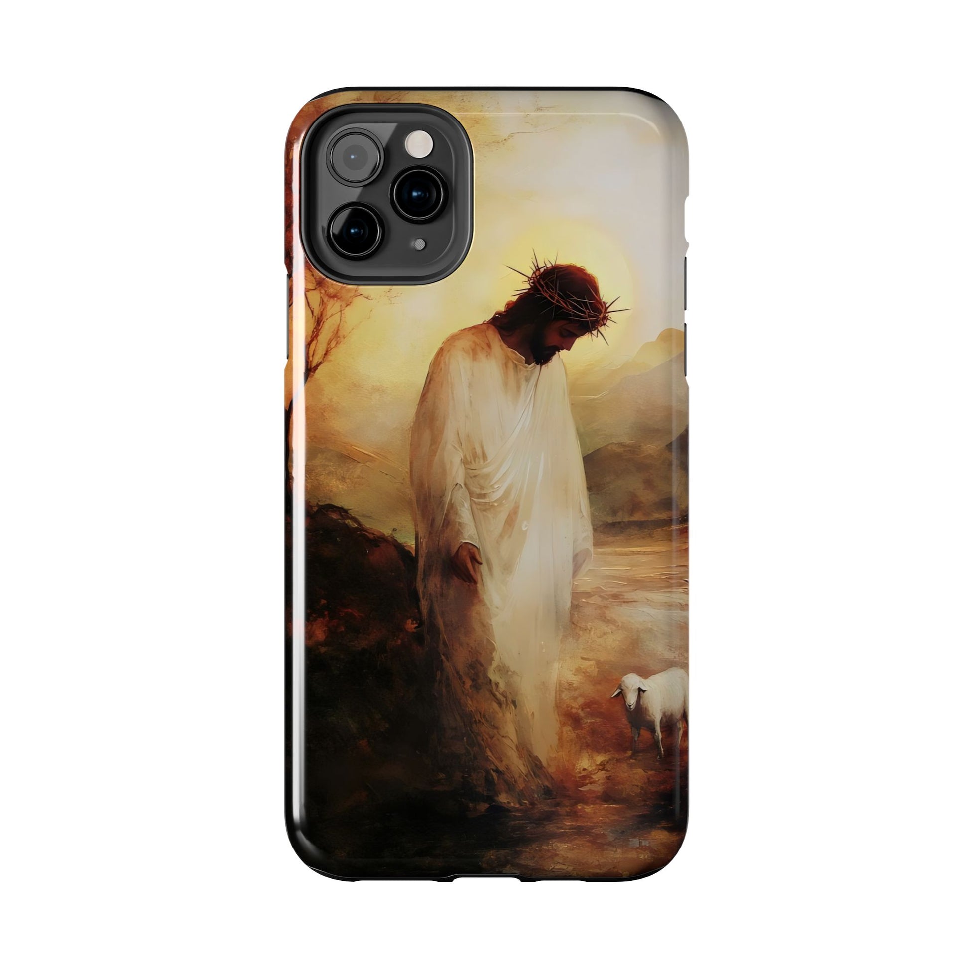 Christian phone case featuring Jesus with a crown of thorns and a lamb in a serene landscape