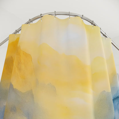 Yellow and blue watercolor mountain shower curtain on curved rod in bright bathroom
