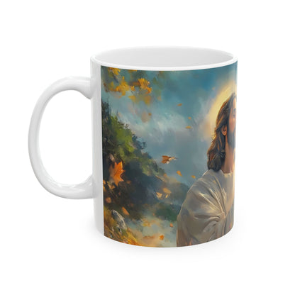 White ceramic mug with serene painting of a bearded man and autumn leaves, spiritual decor