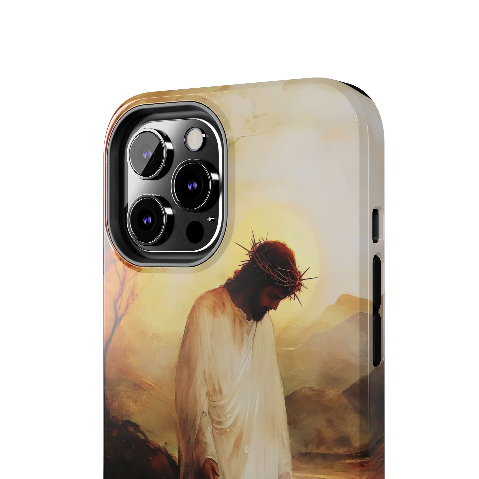 Christian phone case with Jesus wearing a crown of thorns, sunrise background, faith-inspired art