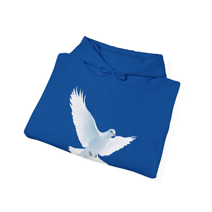 Blue hoodie with white dove graphic, Christian faith-inspired apparel