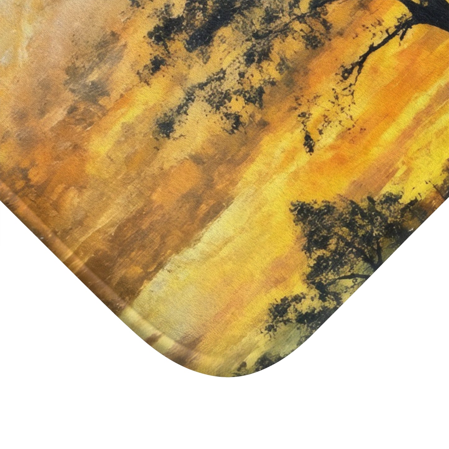 Christian wall art close-up with abstract sunset and tree silhouettes, golden tones