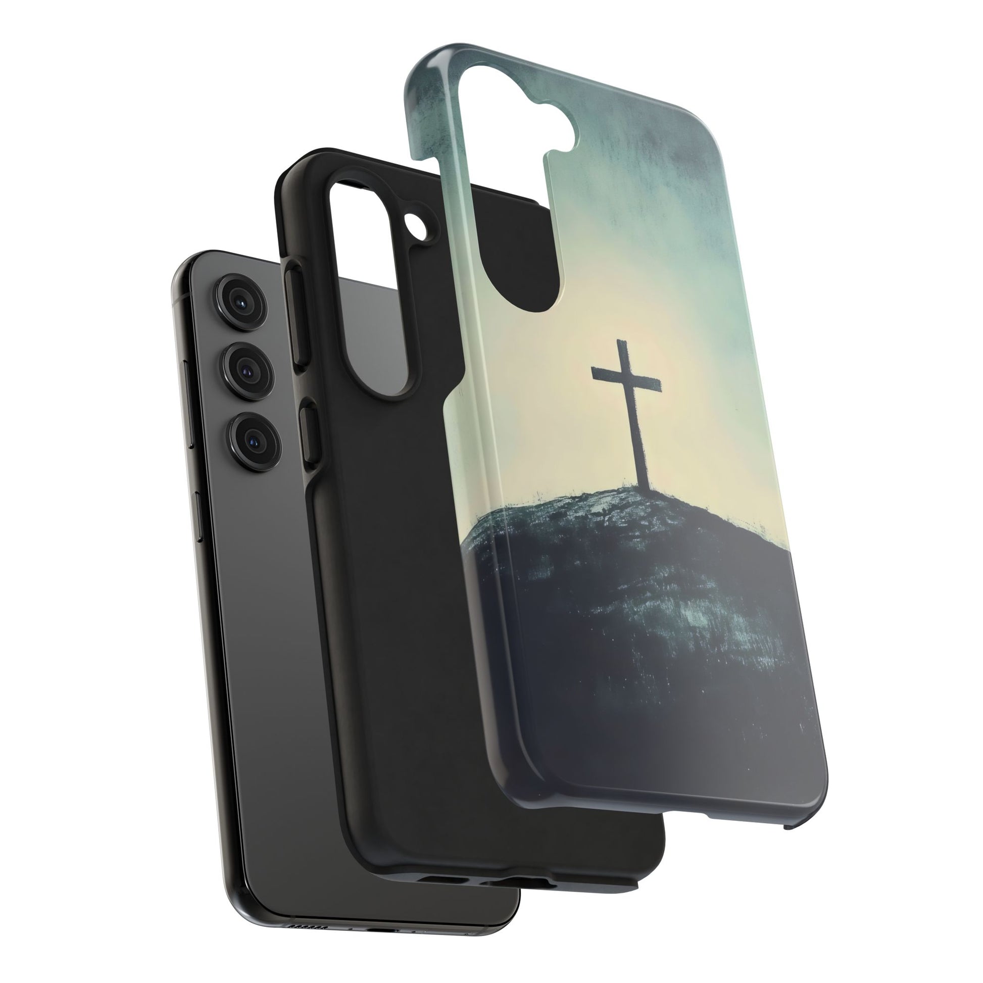Christian phone case with cross on a hill, spiritual faith-inspired mobile accessory