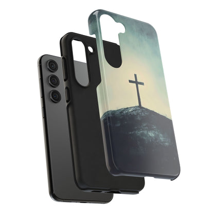 Christian phone case with cross on a hill, spiritual faith-inspired mobile accessory
