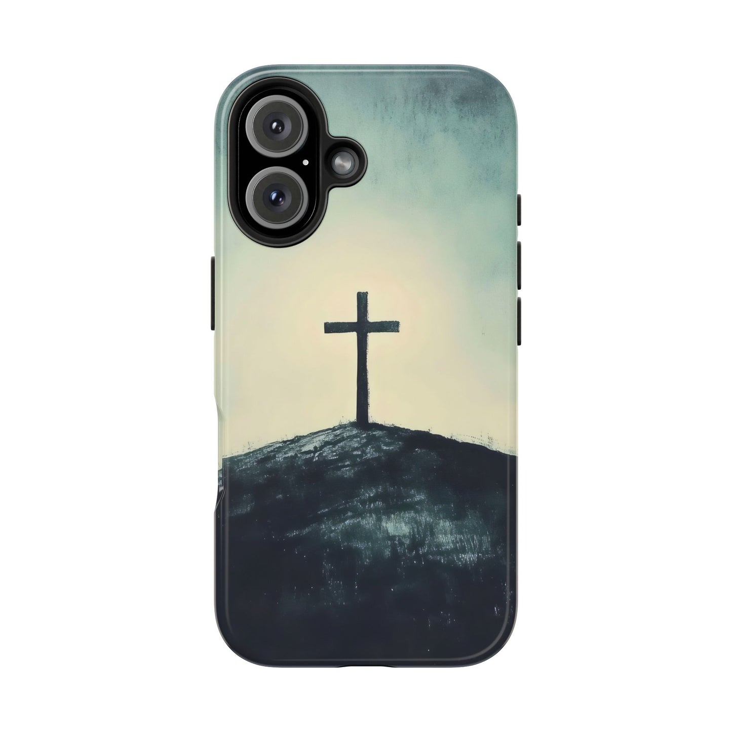 Christian phone case with a minimalist cross on a hill, faith-inspired art design