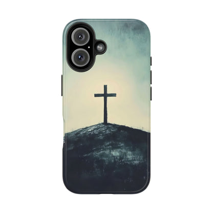 Christian phone case with a minimalist cross on a hill, faith-inspired art design