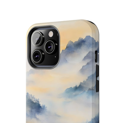 iPhone case with serene blue and yellow watercolor mountain landscape design